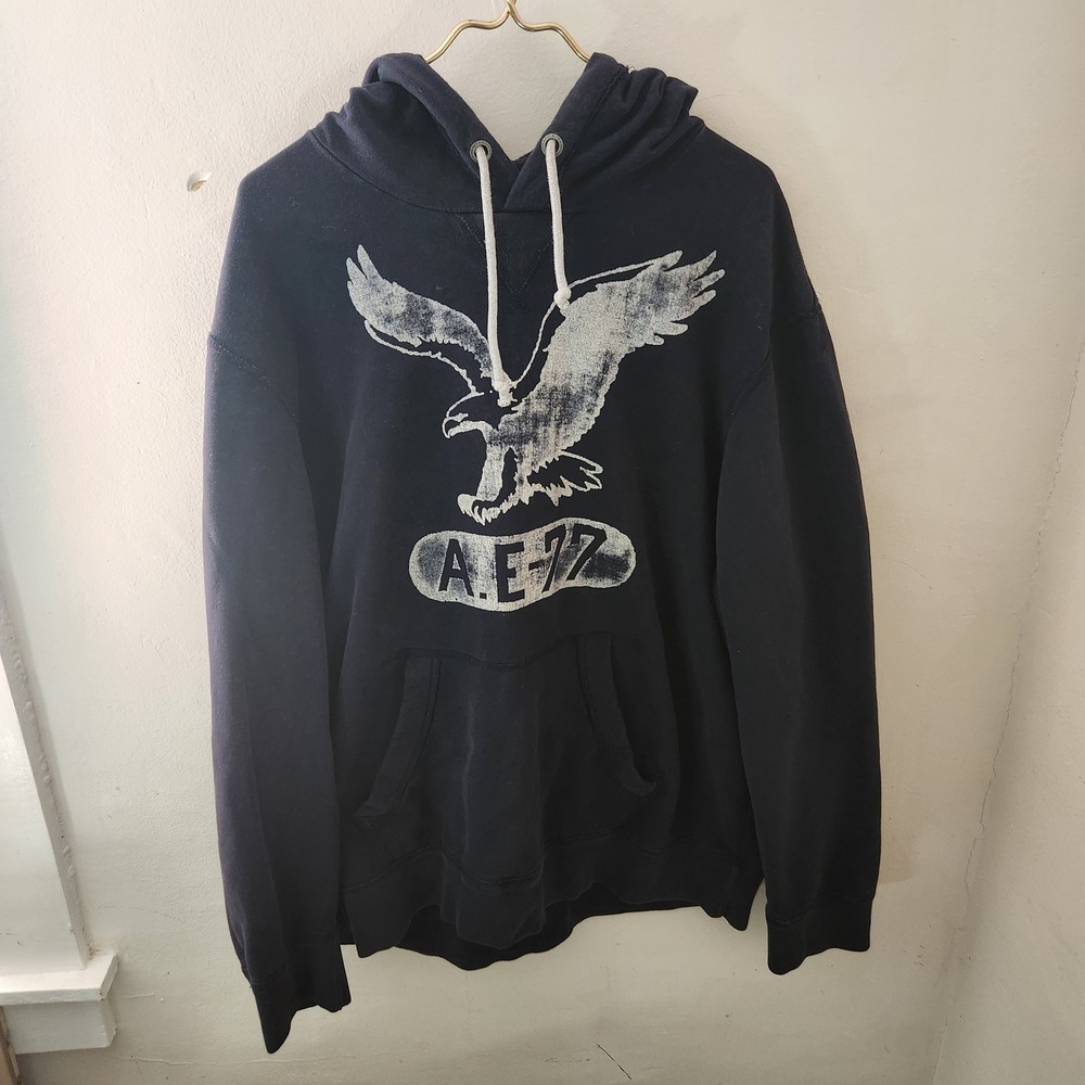 American Eagle Outfitters Mens XXL Navy Blue Graphic Eagle Hoodie A.E. 77